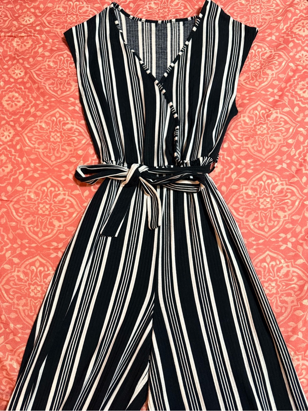 Black and White Striped V-Neck Tie-Waist Jumpsuit